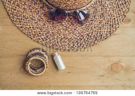 Summer Holiday, Vacation, Relaxation Concept. Raspberries, Straw Hat, Smartphone, Sunglasses From Ab