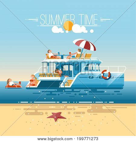 Catamaran sailing boat with tourists. Swimming, relaxation, vacation at sea. Illustration in flat style.