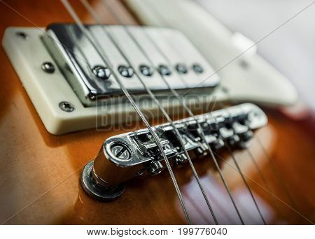 Rock guitar. Close-up view part of guitar, very popular musical instrument of the world.