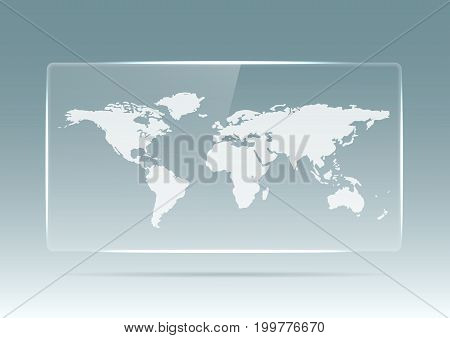 Transparent plastic or glass banner with a map of the earth on a white background. Transparent billboard with highlights. Transparent TV. Vector illustration.