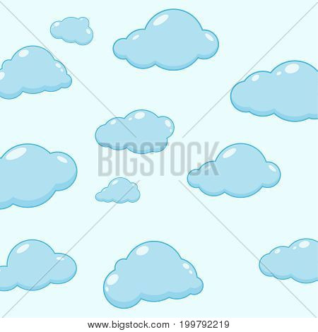 Abstract background with cartoon cloudy. Cloud vector icons. Sky blue atmospheric bubbles. Comic nature cloudscape weather symbols. Cute childish illustration.