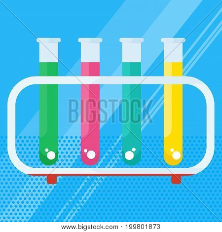 Poster with chemical equipment. Test tube and flack, chemical burner, laboratory, liquid. Studies and scientific experiments. Flat vector cartoon illustration. Objects isolated on background.