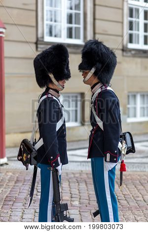 Copenhagen, Denmark - July 08, 2017: Two Royal Guards at the change  of guard ceremony at Amalienborg Palace