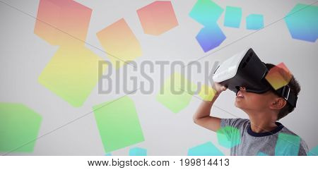 Three dimension image of square with formulas against schoolboy using virtual reality headset