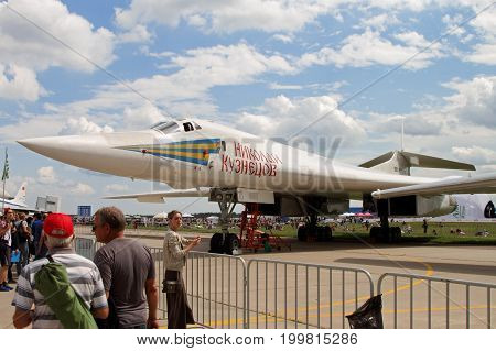 Moscow Region - July 21 2017: Supersonic strategic bomber-missile carrier with variable sweep wing Tu-160 (for NATO codification: 