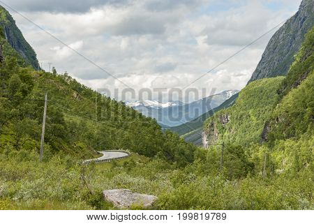 Scenic road in Valldalen in Norway in summer