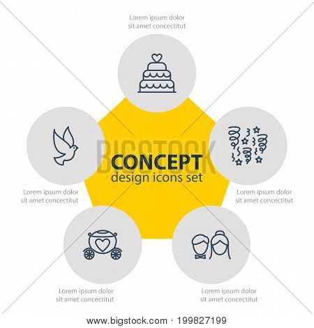 Editable Pack Of Couple, Chariot, Decoration And Other Elements.  Vector Illustration Of 5 Wedding Icons.