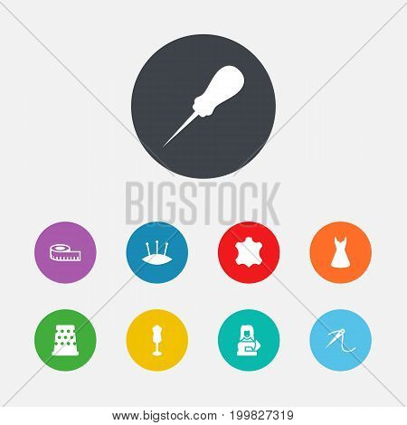 Collection Of Seamstress, Bodkin, Skin And Other Elements.  Set Of 9 Sewing Icons Set.