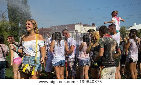 Odessa, Ukraine - August 5, 2017: Water Festival. Party Wet. Hands And Happy People Crowd Partying U