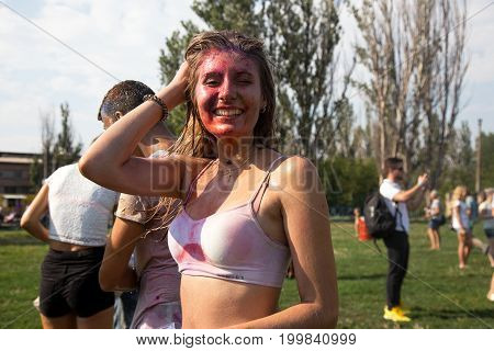 Odessa, Ukraine - August 5, 2017: Water Festival. Party Wet. Hands And Happy People Crowd Partying U