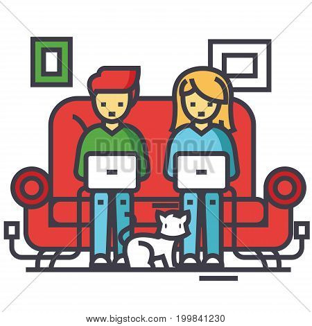 Family working at home, freelancers chating with laptops on sofa, freelance concept. Line vector icon. Editable stroke. Flat linear illustration isolated on white background