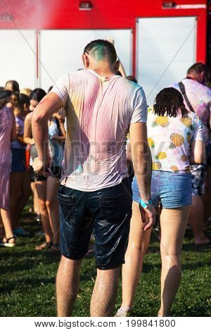 Odessa, Ukraine - August 5, 2017: Water Festival. Party Wet. Hands And Happy People Crowd Partying U