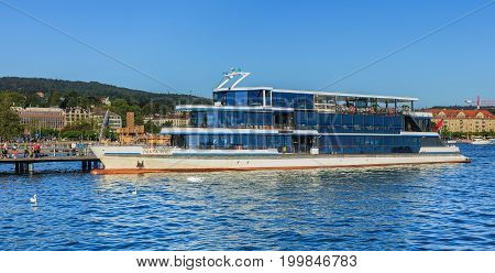 Zurich, Switzerland - 20 July, 2016: MS Panta Rhei at a pier on Lake Zurich in the city of Zurich. MS Panta Rhei is currently the newest ship of the Lake Zurich Navigation Company (German: Zurichsee-Schifffahrtsgesellschaft or ZSG).