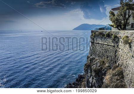 Walls of the coastal defensive fortress on Lipari Island and panoramic views of the Tyrrhenian Sea