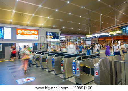 KYOTO, JAPAN - JULY 05, 2017: People hurry at Keihan Railway Station in Kyoto, Japan. Keihan Railway company was founded in 1949 and is among busiest in Japan.