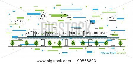 Maglev rail train vector illustration with colorful elements. Electric fast train line art concept. Monorail subway with magnet levitation technology graphic design.