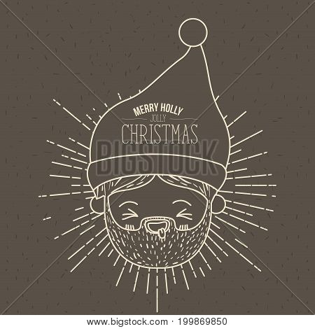 brown poster with sparks and silhouette cute face santa claus with tongue out and text merry holly jolly christmas vector illustration
