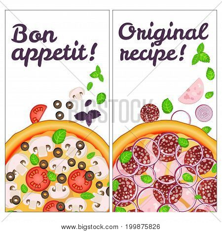 Realistic Pizza Pizzeria flyer background. Two vertical Pizza banners with ingredients and text on white backdrop. Tasty and Yummy card for your design.