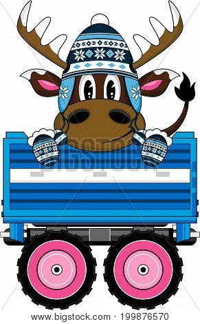 Cute Cartoon Wooly Hat Reindeer in Trailer Vector Illustration