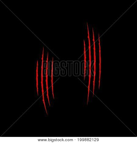 Two red bloody claws animal scratch scrape track set. Cat tiger dinosaur scratches paw. Four nails trace. Funny element. Flat design. Black background. Isolated. Vector illustration