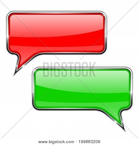 Red and green speech bubbles. Rectangular 3d icons with chrome frame. Vector illustration isolated on white background