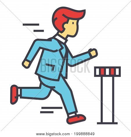 Businessman run cross finish line, business race, ceo marathon concept. Line vector icon. Editable stroke. Flat linear illustration isolated on white background