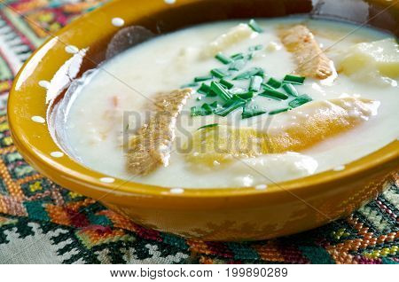 hungarina potato soup Krumplileves close up traditional meal