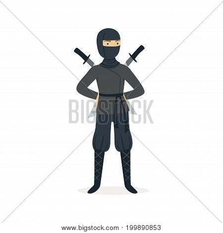 Ninja assassin character in a full black costume standing with katana swords behind his back, Japanese martial art vector Illustration on a white background