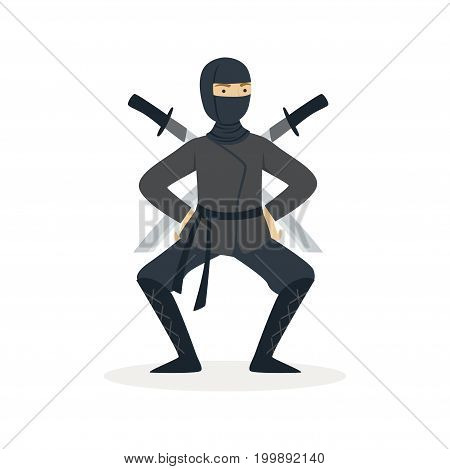 Ninja assassin character in a full black costume standing in a combat pose with katana swords behind his back, Japanese martial art vector Illustration on a white background