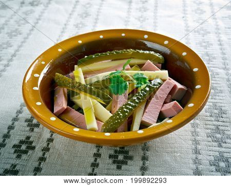 Elsasser Wurstsalat - Swabian sausage salad  close up healthy meal