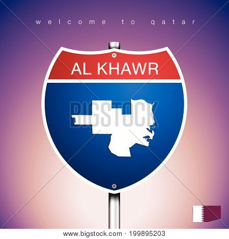 An Sign Road America Style with state of Qatar with violet background and message AL KHAWR and map vector art image illustration