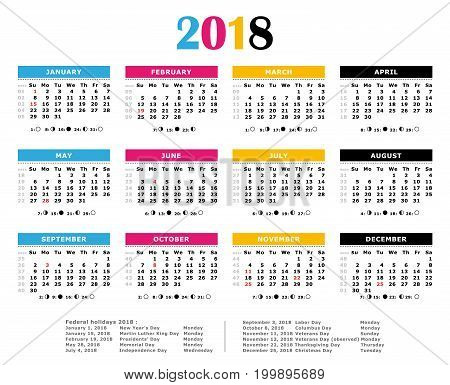 2018 yearly american calendar. Weeks numbered, moon, federal holidays.