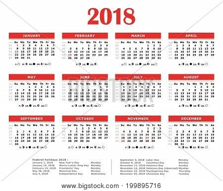 2018 yearly american calendar. Weeks numbered, moon, federal holidays.