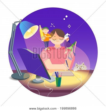 Colorful illustration with the image of a sleepy freelance artist in a state of inspiration. The artist draws on the tablet stylus. On the table colored pencils a modern computer reading lamp. Funny cat looking.