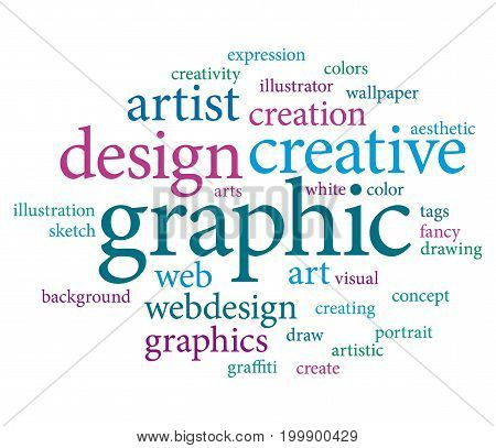 Graphic designer or marketing agency word cloud. Pink and blue tones design.