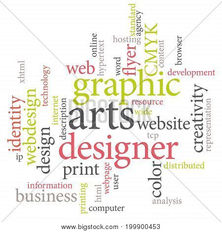 Graphic designer or marketing agency word cloud. Light acid colors.