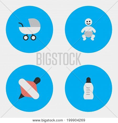 Elements Stroller, Vial, Child And Other Synonyms Yule, Child And Milk.  Vector Illustration Set Of Simple Baby Icons.