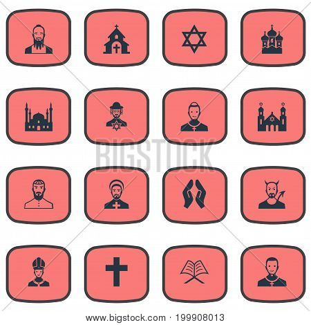Elements Jewish Clergy, Crucifix, Chaplain And Other Synonyms Islam, Muslim And Holy.  Vector Illustration Set Of Simple Faith Icons.