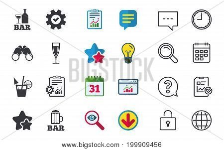 Bar or Pub icons. Glass of beer and champagne signs. Alcohol drinks and cocktail symbols. Chat, Report and Calendar signs. Stars, Statistics and Download icons. Question, Clock and Globe. Vector