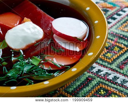 Russian Cold beet soup Smolensk chlodnik studio close up meal