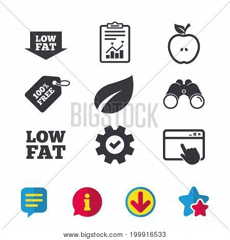 Low fat arrow icons. Diets and vegetarian food signs. Apple with leaf symbol. Browser window, Report and Service signs. Binoculars, Information and Download icons. Stars and Chat. Vector