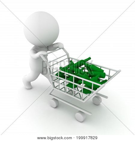 3D Character pushing shopping cart filled with alcoholic drinks. Isolated on white.