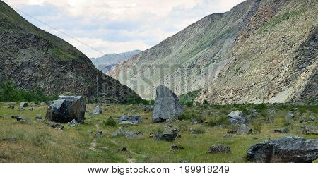 Valley of the river Chulyshman. Panorama of the big size. Altai Mountains, Siberia, Russia.