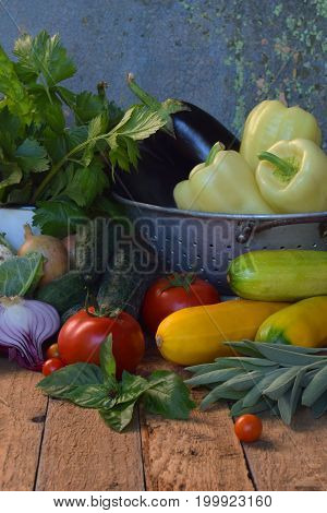 Concept Bio Organic Food. Ingredients For Healthy Cooking. Vegetables And Herbs On Wooden Background