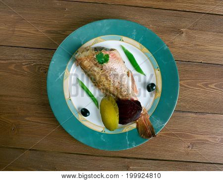 Baked Sea Bass in Vernaccia close up meal
