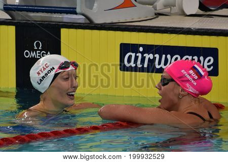 Hong Kong China - Oct 30 2016. LARSON Breeja (USA) and Olympian and world champion swimmer Yulia YEFIMOVA (RUS) after the Women's Breaststroke 200m Final. FINA Swimming World Cup.
