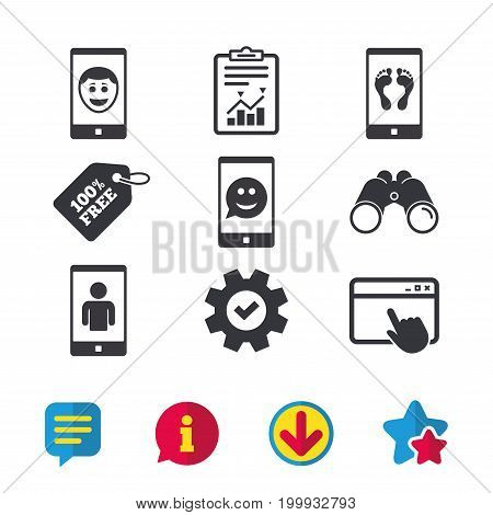 Selfie smile face icon. Smartphone video call symbol. Self feet or legs photo. Browser window, Report and Service signs. Binoculars, Information and Download icons. Stars and Chat. Vector