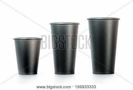 Blank black disposable paper cup mock ups isplated large medium and smal 3d rendering. Empty polystyrene coffee drinking mug mockup front view. Clear plain tea take away plastic package