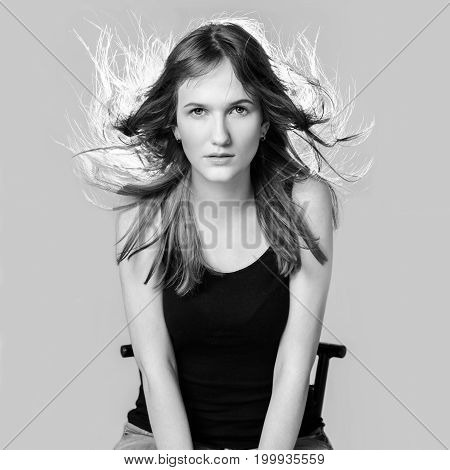 Portrait of a girl with flying hair