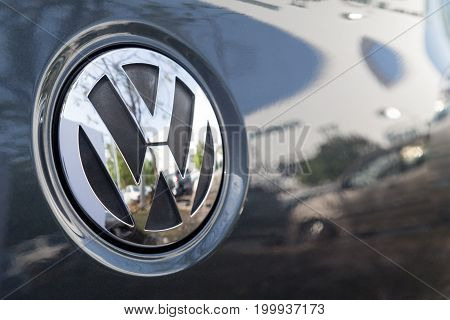 KUALA LUMPUR MALAYSIA - August 12 2017: Volkswagen is a German automaker founded on May 28 1937. It is the flagship marque of the Volkswagen Group the largest automaker by worldwide sales in 2016. Picture here is the latest emblem of Volkswagen.